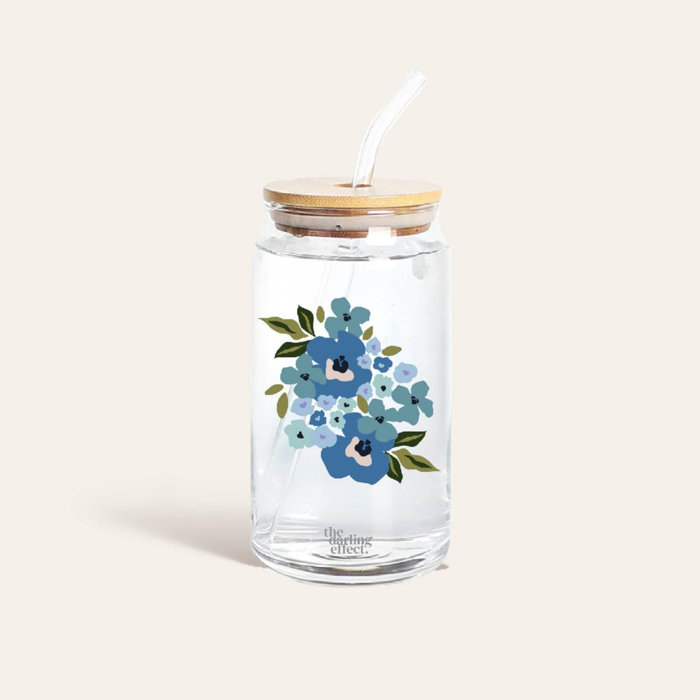 The Darling Effect - Iced Coffee Cup - Floral Blue Glass Drinkware - Sienna Sky Boutique